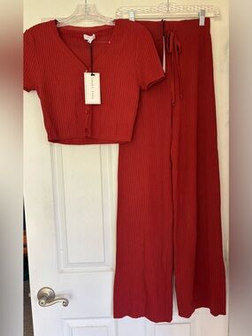 emory park Red Ribbed Two-Piece Lounge Set